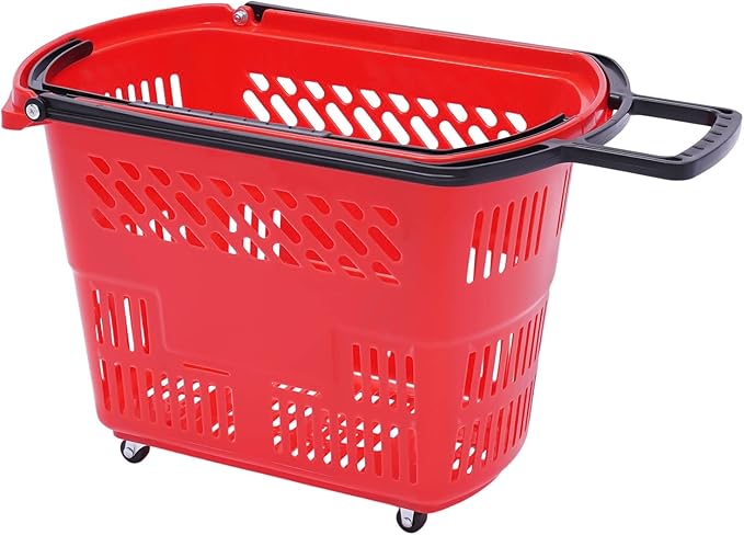6PCS Shopping Carts with Wheels, 35L Portable Shopping Baskets Set with Handles Grocery Basket for Retail Store, Supermarket, Grocery |19" x 13.7" x 14" (Red)