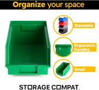 50-Pack Small Storage Bin | Wall Mount Storage, Hanging and Stacking Bin, Freestanding | 7” x 4” x 3” Plastic Container | Green | Zeus 1PLZ02