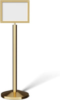 Crowd Control Warehouse Pedestal Standing Floor Sign Frame with Sloped Base, 11 x 14 Inch Horizontal, Polished Brass