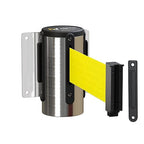 Montour Line WM115 Wall Mounted Retractable Belt Barrier with Standard Belt End, Fixed Mount, Polished Stainless Steel Casing (8.5 ft Fluorescent Yellow Belt)