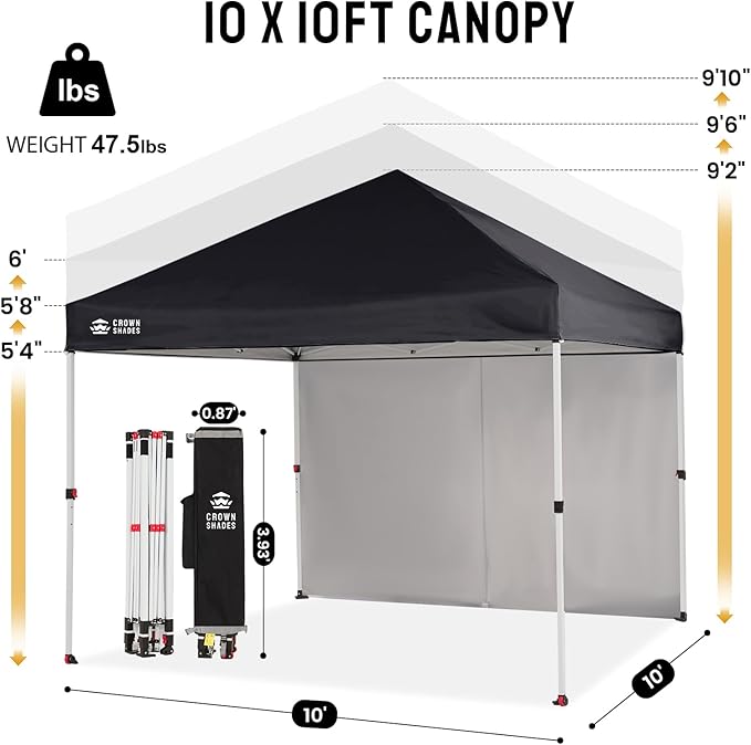 CROWN SHADES 10X10 Comercial Instant Canopy Pop Up Tent with Center Lock, 300D Fabric, 4 Sidewalls, Sto'N Go Bag, Black