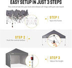 CROWN SHADES 10X10 Comercial Instant Canopy Pop Up Tent with Center Lock, 300D Fabric, 4 Sidewalls, Sto'N Go Bag, Grey