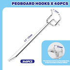 40Pcs 6" /150mm Stainless Steel Pegboard Display Hooks Bulk Set, Silver Garage Organization Peg Wall Hook Metal Slatwall Panel Hook Fit 1/8 and 1/4 Inch Pegboard for Retail