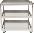 Stainless Steel Utility Cart, Heavy Duty 3-Tier Service Cart with 4 Wheels (2 Locking), 440 lbs Capacity Rolling Cart for Kitchen, Restaurant, Garage, Workshop, Silver