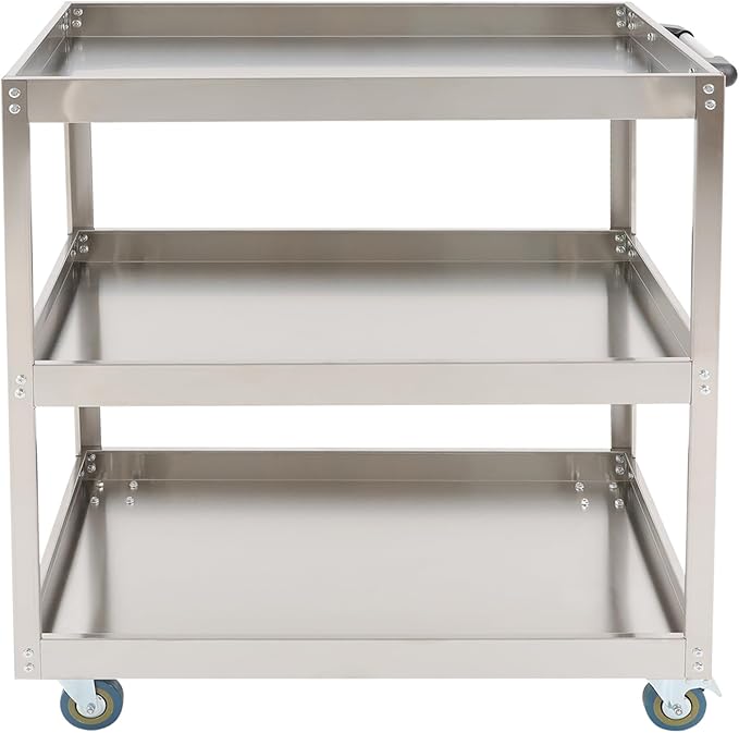 3 Tier Stainless Steel Utility Cart with Wheels and Handle, Commercial Heavy Duty Metal Food Cart Service Cart for Kitchen, Restaurant, Laboratory, 31.5 * 18.9 * 35.4in