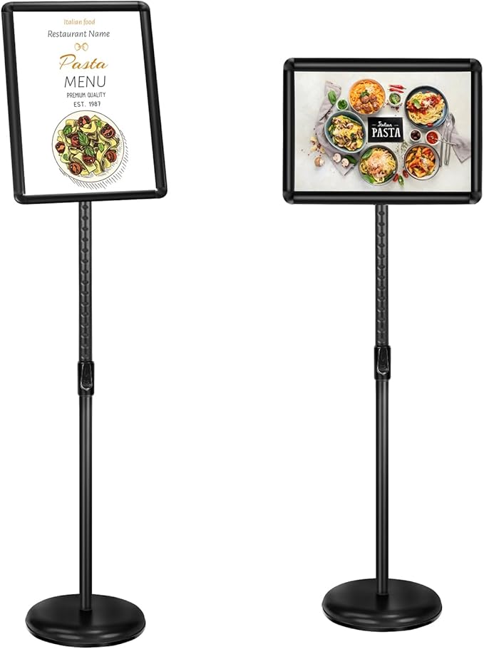 Heavy Duty Floor Sign Stand Adjustable Pedestal Sign Holder Stand, Poster Stand Aluminum Snap Open Frame for 8.5X11 Inches with Heavy Round Base, Both Vertical and Horizontal Sign Displayed