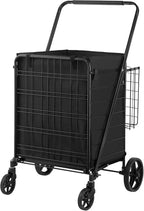VEVOR Folding Shopping Cart with Removable Waterproof Liner, 330LBS Large Capacity Jumbo Grocery Cart with Dual Basket, 360° Swivel Wheels, Dense Metal Mesh Base, Heavy Duty Utility Cart for Shopping