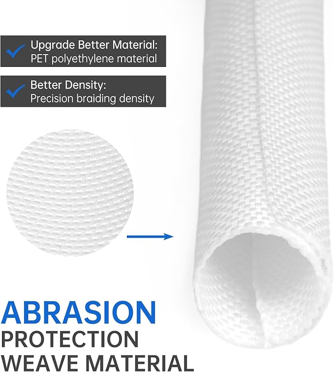 Split Braided Cable Sleeve，Flexible Wire Loom Tubing, Automotive Cord Protector Pet Proof, Cable Management for Computer TV Electric Wires Harness 16ft (White, 8mm（5/16")