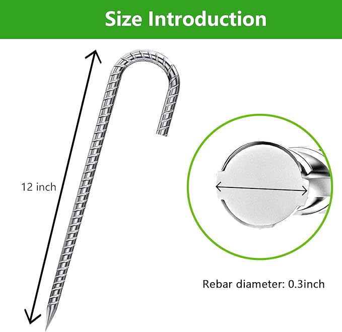 Rebar Stakes 12 Inch Galvanized, J Hook Rebar Stakes 6 Pack Ground Anchors for Tent Heavy Duty for Plants Anti-Rust Landscape Fabric Artificial Turf