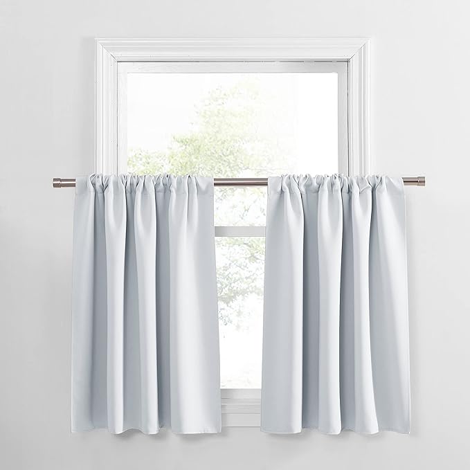 PONY DANCE Short Curtains for Small Window - Rod Pocket Curtain Panels Thermal Insulated Window Drapes for Kitchen/Living Room, 42 W x 30 L, Greyish White, 2 PCs