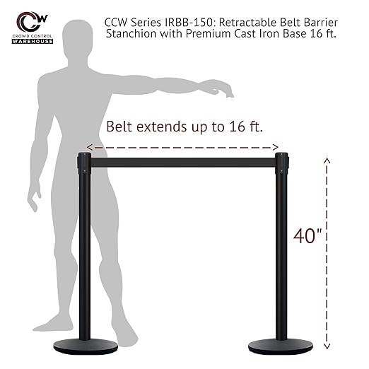 Montour Line MI650 Set of 2 Retractable Belt Barrier Stanchion, Cast Iron Base, Satin Brass Post (16 ft Black and Yellow Diagonal Belt)