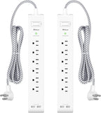 2 Pack Power Strip - 15FT Long Extension Cord, Surge Protector with 6 Outlets and 2 USB Charging Ports, Flat Plug Overload Protection, (1625W/13A/900J), Wall Mount for Home Office and Dorm, ETL Listed