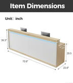 71" Modern Reception Desk with LED Lights, Front Desk Reception Counter with Lockable Drawer, Storage Cabinet & Keyboard Tray for Office, Salon, Checkout (Maple + White)