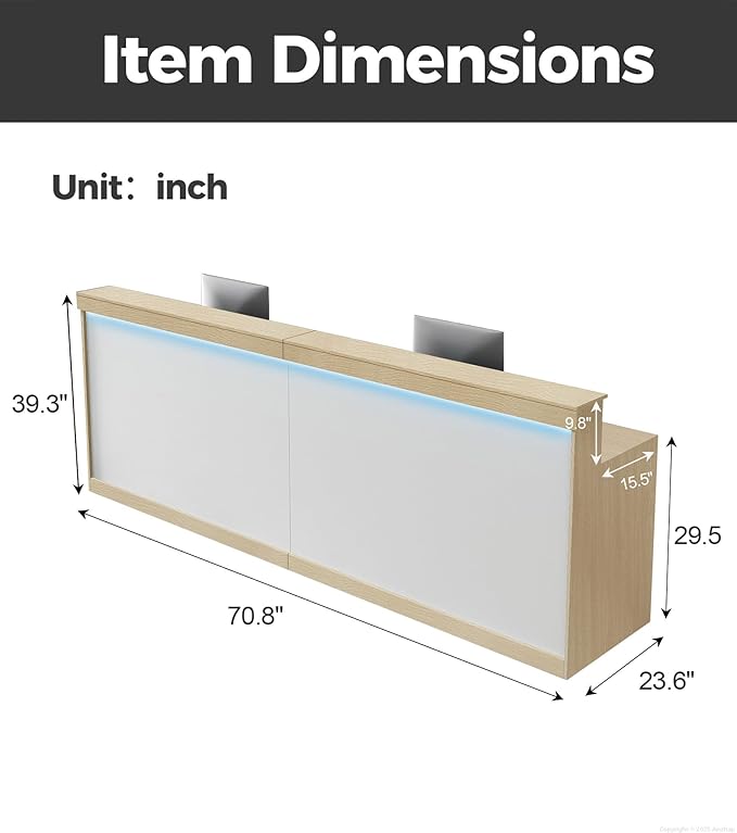 71" Modern Reception Desk with LED Lights, Front Desk Reception Counter with Lockable Drawer, Storage Cabinet & Keyboard Tray for Office, Salon, Checkout (Maple + White)