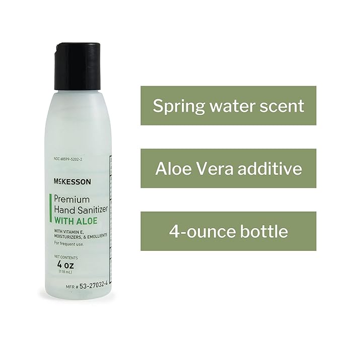 McKesson Hand Sanitizer with Aloe, 4 oz Pump Bottle [Pack of 1] – 70% Ethyl Alcohol, Spring Water Scent, No-Rinse Sanitizing Gel with Vitamin E and Moisturizers, Medical-Grade