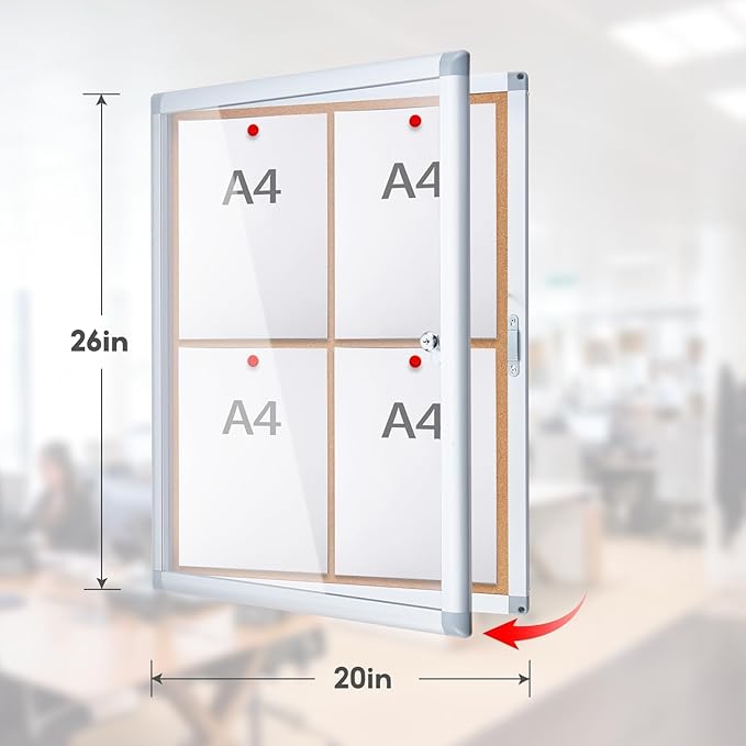 Enclosed Cork Bulletin Board Tamper-Proof Dispaly Case, Aluminium Frame, All-Weather Cork Noticeboard, Outdoor Enclosed Cork Board for School, Office, Restaurant, Hospital (20 X 26 Inches)