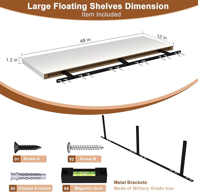 12 Inch Deep Floating Shelves for Wall 2 Pack Floating Shelfs Large Storage Space Wall Decor Display Shelf for Bathroom Living Room Bedroom Kitchen 48" W x 12" D x 1.2" H White