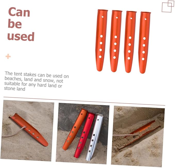 4Pcs Aluminum Tent Stakes Orange Lightweight Ground Pegs for Camping Beach Sand Snow Outdoor Tent Ground Anchors