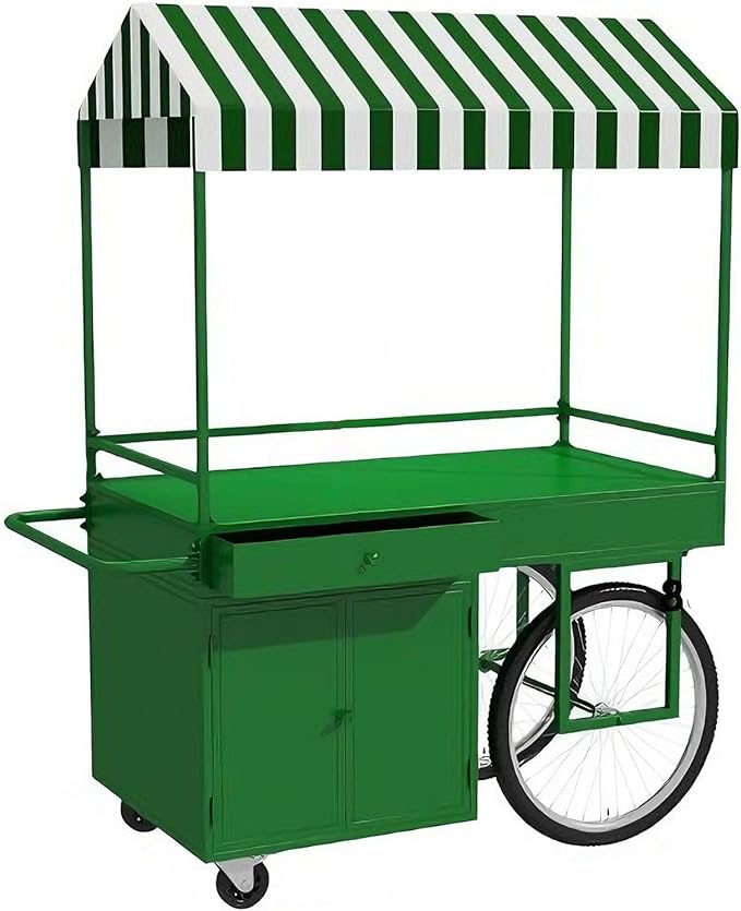 Food Cart for Business with Striped Canopy, Mobile Display Stand with Storage Drawers, for Street Food, Farmers Markets, Outdoor Events (Green, 39.37 * 27.56 * 78.74in)