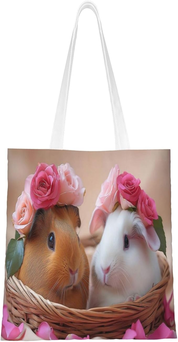 Adorable Rabbits With Flower Crowns, Basket Canvas Tote With Lightweight Foldable Shopping Bag For Daily Use