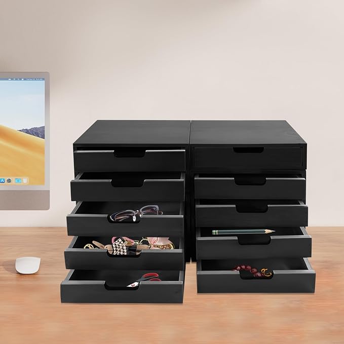 4-piece Drawer Cabinet, Organizer Sorter Container Keeper Unit Storage Box Stackable Chest Divider Shelf System with 10 Drawers & 4 Stackable Units for Home Office Study Room Dorm Bedroom(Black)
