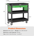 3 Tier Rolling Tool Cart On Wheels, Heavy Duty Utility Cart with Drawers, Large Storage Capability Service Cart for Garage, Warehouse and Tool Room(Black&Green)