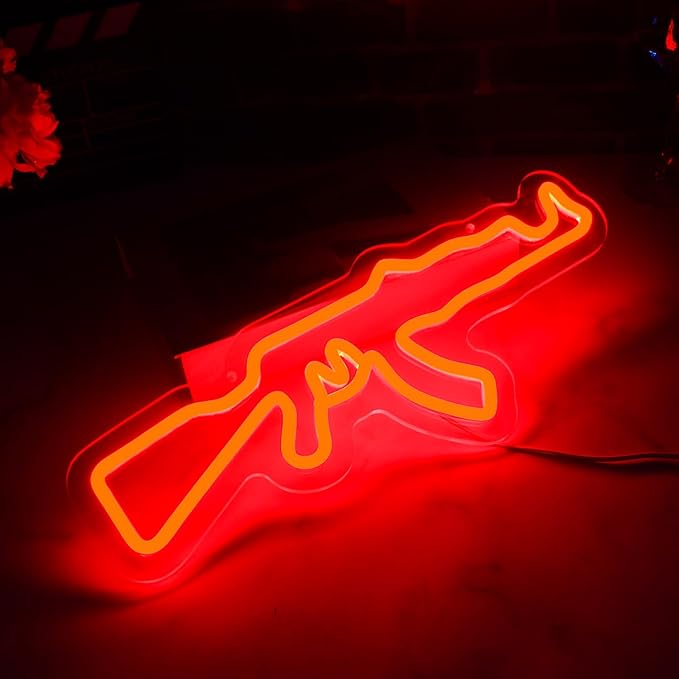 Gun Neon Sign for Wall Decor LED Light Up Sign for Gun Room Accessories Man Cave Lamp Wall Art Gift 16.5"×6.3"