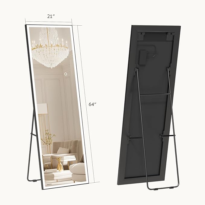 Kosmonia 64x21 Full Length Mirror, Dimmable 3 Color LED Light w/Light Memory, Distortion Free Silver Coating Mirror, HD Reflection &Anti Desilvering,Tempered Glass &Shatter Proof Film Doubles Safety