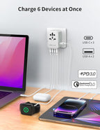 MOMAX 6-in-1 Universal Travel Adapter, GaN 70W International Power Adapter, 3 USB-C PD Fast Charging & 2 USB-A QC, 1 AC, All-in-One International Plug Adapter for Travel European UK AUS JP