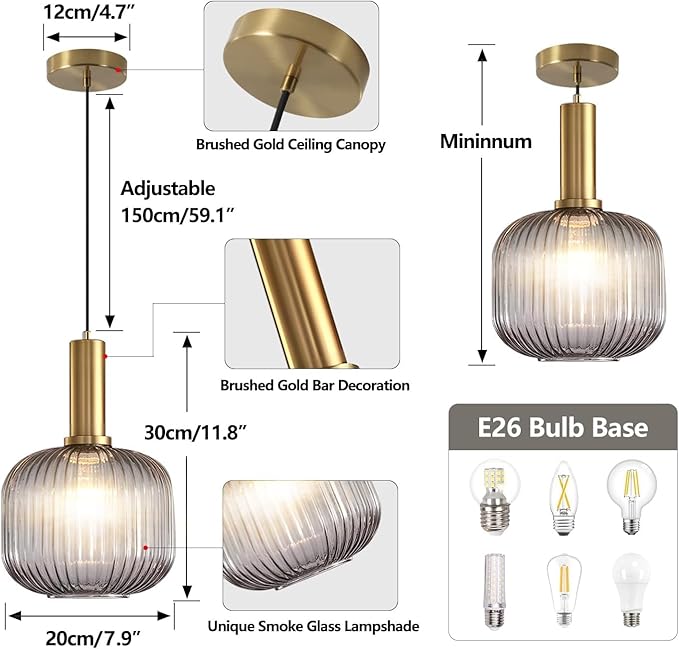 KCO Lighting Mid Century Smoke Glass Pendant Light Antique Brass Kitchen Island Pendant Lighting Modern Striped Glass Globe Hanging Light Large Industrial Pendant Light Fixture