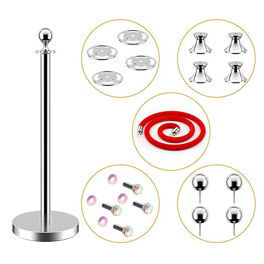LOVMOR Crowd Control Stanchion, 12Pcs Silver Stanchion Posts Queue with 8pcs 5 ft/1.5 m Red Velvet Rope, Rope Barriers Crowd Control Barriers Queue Line for Hotel Theater Party Supplies