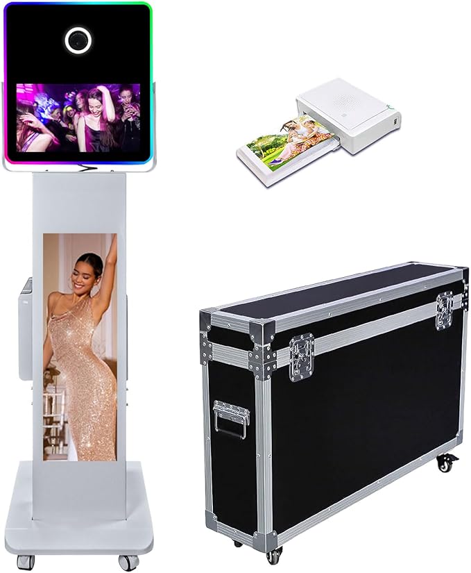 29in LCD Display Photo Booth Machine with 15.6in Mirror Touch Screen Selfie Station Shell Stand DIY Photobooth Machine with RGB Light for Parties Weddings Event (Machine+Mini Printer)