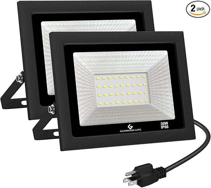 GLORIOUS-LITE LED Flood Lights Outdoor, 50W 5000LM Outside LED Work Light with Plug, 6000K Daylight White, IP66 Waterproof Portable Spot Security Lights for Garage, Yard, Garden, Playground(2 Pack)