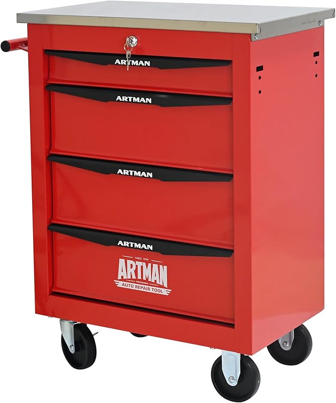 4 Drawers Tool Cart on Wheels with Stainless Steel Worktop, Heavy Duty Mobile Rolling Drawer Tool Chest with Locking Wheels & Lockable Drawers, Garage Tool Storage Cabinet (Red, 4 Drawers)