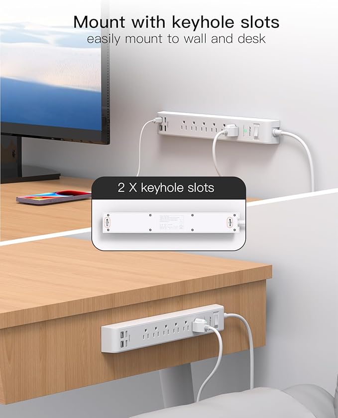 2 Pack Power Strip Surge Protector, 15FT Long Extension Cord, Surge Protector with 6 Outlets and 4 USB Charging Ports(2 USB C), Flat Plug Overload Protection, Wall Mount for Home Office Dorm College