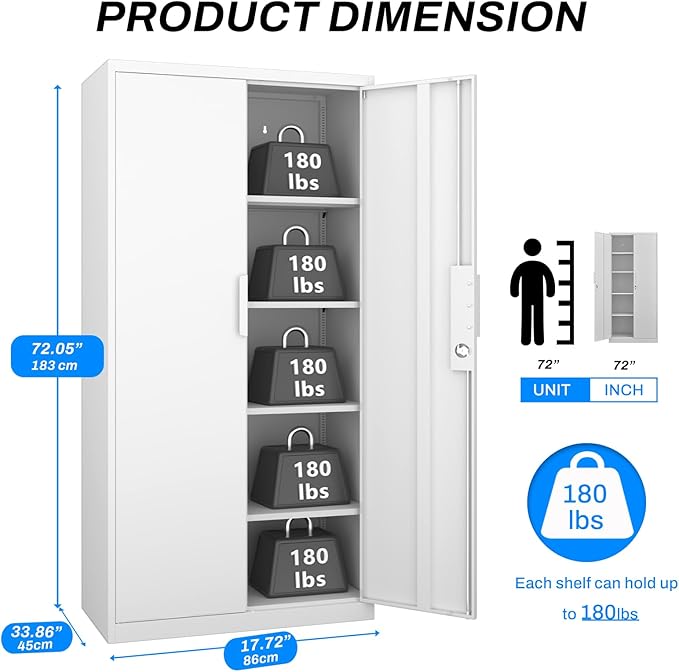 Metal Garage Storage Cabinet with Lock, 72" Tall Steel Storage Locker with 4 Adjustable Shelves, Heavy Duty Metal Cabinet for Garage, Office, Home, White