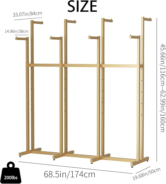 Gold Clothing Racks, Metal Clothes Rack with 8 Straight Arms, Freestanding Garment Rack for Hanging Clothes Heavy Duty, 46" to 63" Adjustable Height Retail Clothing Rack for Boutiques Display