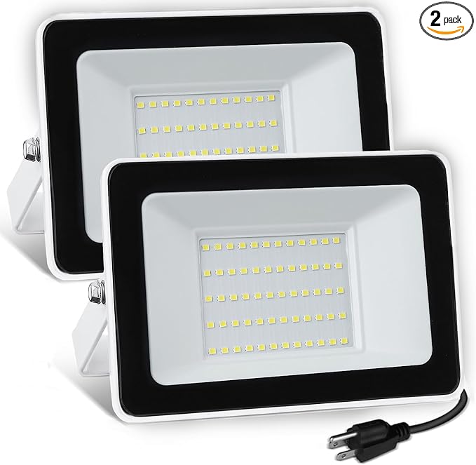 UFOND 5000 Lumens LED Flood Light with Plug,50W Waterproof Outdoor Floodlight,Adjustable Lighting Angle Security Lights,Wall Light for Garage Yard Garden Porch(2 Pack)