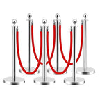 LOVMOR Stainless Steel Stanchion Post, Stanchions with Red Rope, Hollow Base and Velvet Ropes Safety Barriers Set, Carpet Runner for Party (6pack-Silver)