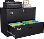 SISESOL 2 Drawer Lateral File Cabinet with Lock,Black Lateral Filing Cabinet,Horizontal Metal Filing Cabinet,Locked Wide Two Drawer File Cabinet for Office Home,Fit A4/F4/Letter/Legal File