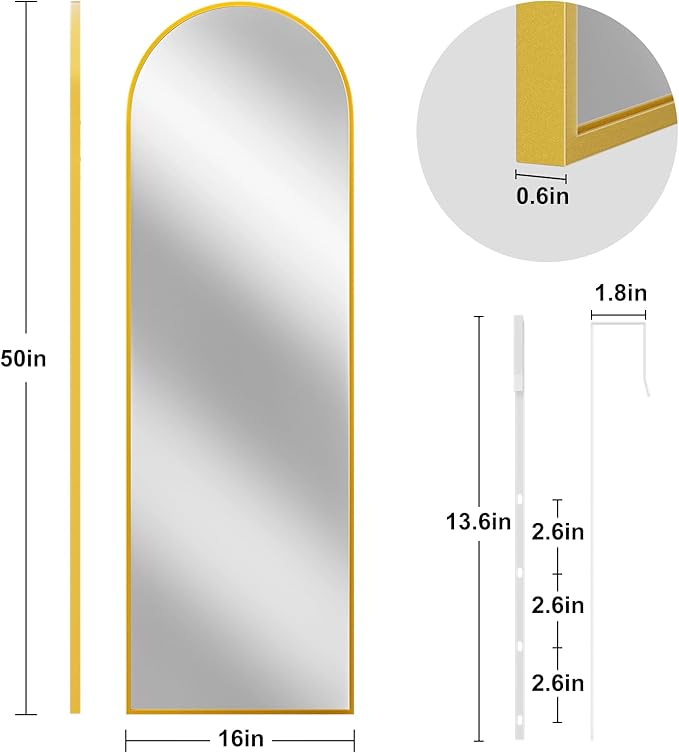 Full Length Door Mirror, Wall Mounted Wall & 48 “X14” Arched Behind Door Mirrors, Full Length Mirror for Use in Living Rooms, Rooms, Bedrooms, Cloakrooms, etc. (Gold)