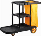tonchean Commercial Janitorial Cart, 3-Shelf Large Capacity Housekeeping Cart with 25 Gallon Vinyl Bag & Wheels, 44.5" L x 22" W x 36.6" H, Utility Clean Trolley for Professional Cleaning, Black