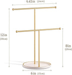 Gold Jewelry Holder Stand with Ceramic Tray: Small Hanging Necklace Organizer Tree for Earrings, Bracelets, Rings – Jewelry Display Hanger for Women & Girls, White