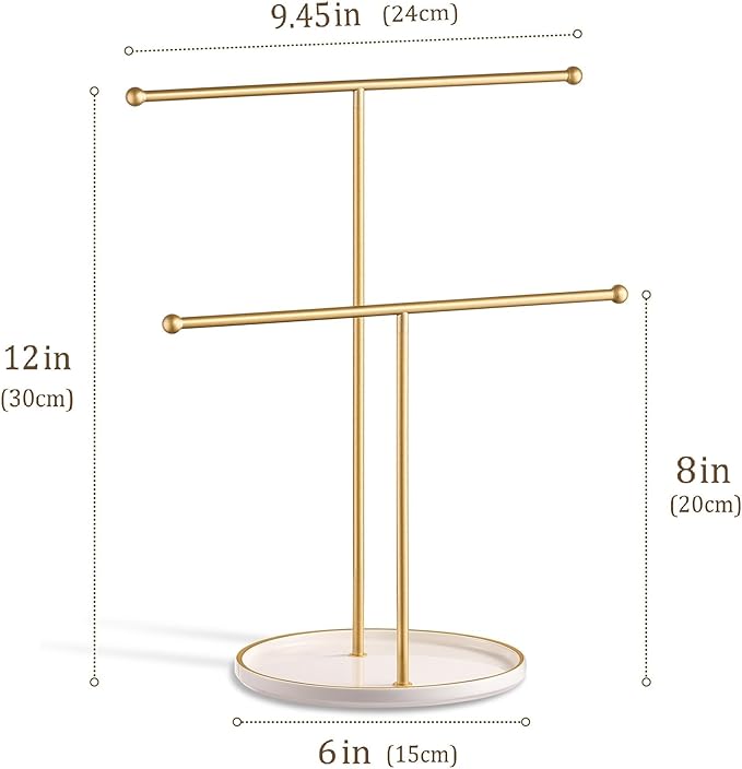 Gold Jewelry Holder Stand with Ceramic Tray: Small Hanging Necklace Organizer Tree for Earrings, Bracelets, Rings – Jewelry Display Hanger for Women & Girls, White