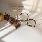 GemeShou 3pcs Wooden stud earring organizer holder, walnut earring hangers with brass base, Small Cute earring display for selling with 9 holes for each【Arch frame-3pcs】