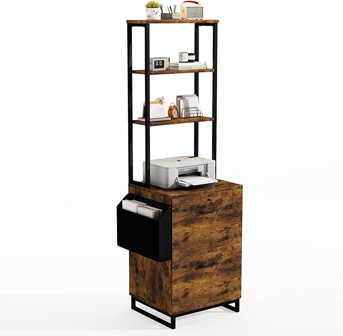 Locking Double Drawer File Cabinet with 4-Tier Display Shelf & Storage Bag, Vintage Rustic Brown Printer Stand for Home Office