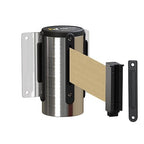 Montour Line WM115 Wall Mounted Retractable Belt Barrier with Standard Belt End, Fixed Mount, Polished Stainless Steel Casing (13 ft Light Brown Belt)