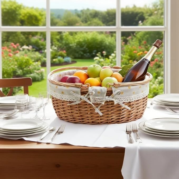 Large Wicker Picnic Basket with Handles,Handle Sturdy Woven Body with Removable and Washable Lining,Outdoor Camping,Gift Packing,Garden Picking, Storage.Yellow Flower