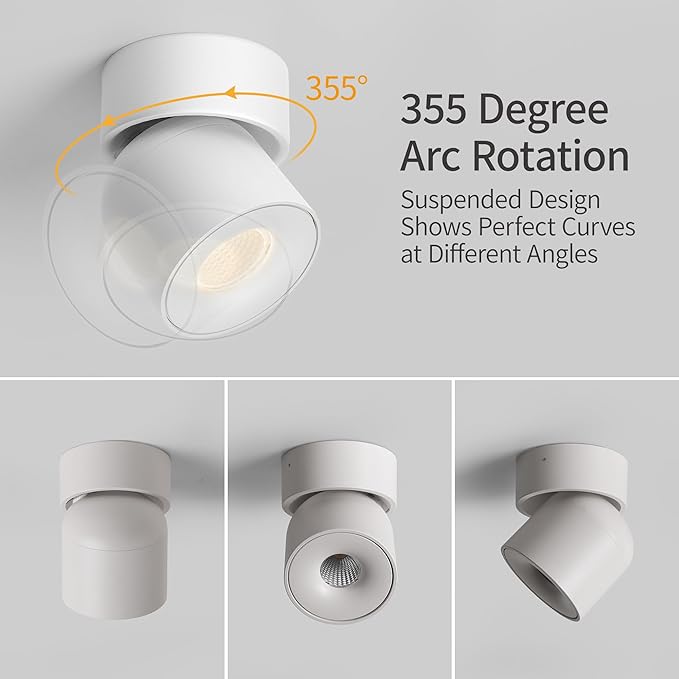 Aisilan 4 Packs LED Dimmable Adjustable 360° Ceiling Spotlight Directional Light Surface Mounted 9W 3000K Warm White Aluminum Wired Spots Light for Gallery Painting Hallway Corridor, White
