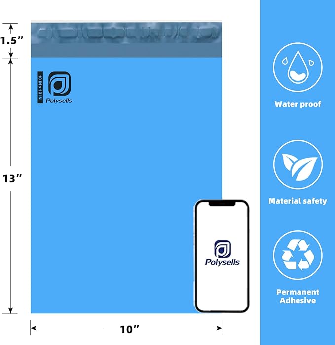 POLYSELLS 1000 pcs 10x13 Inches Blue Poly Mailers Shipping Envelopes, Strong Adhesive Sealing, Waterproof, and Tear-resistant Postal Mailing Bags for Clothing, Books, and Accessories